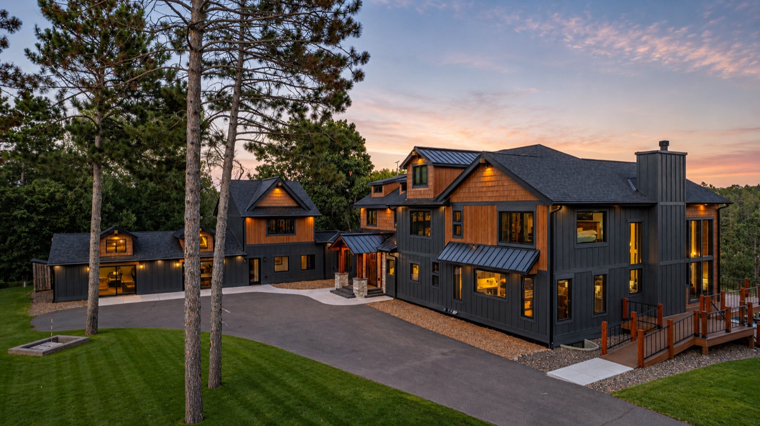 The lodge exterior at twilight